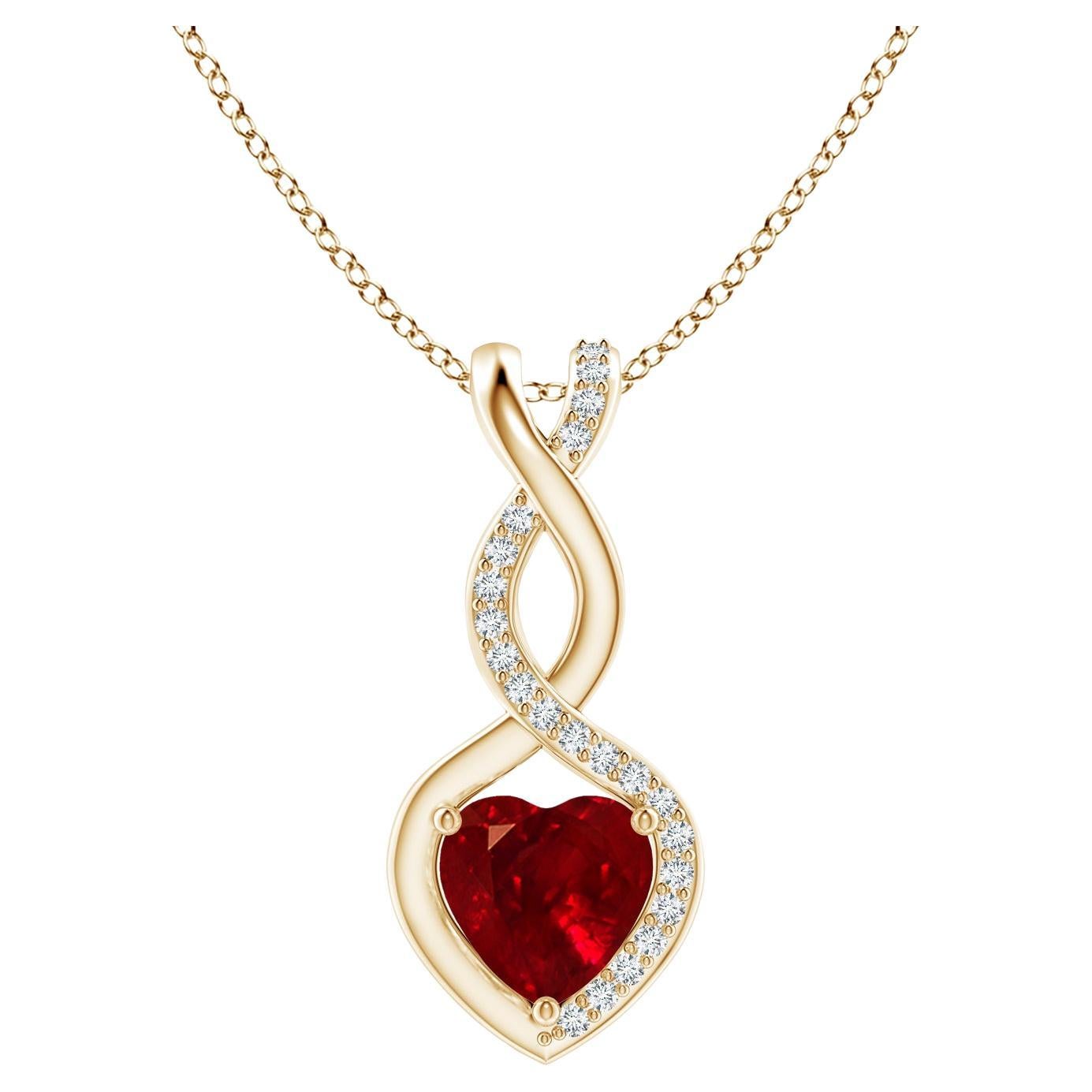 ANGARA Natural Ruby Infinity Heart Pendant with Diamond in Yellow Gold(6mm Ruby) For Sale