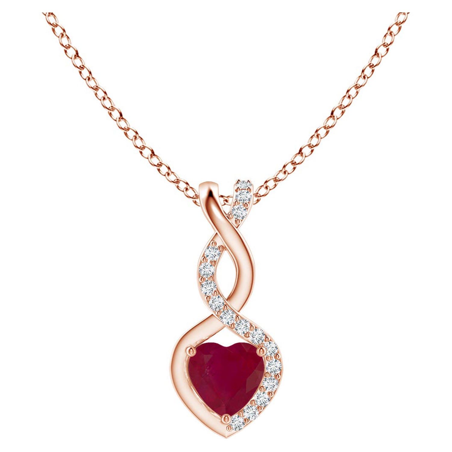 Ciondolo a cuore infinito in rubino naturale e diamanti in oro rosa 18 carati
