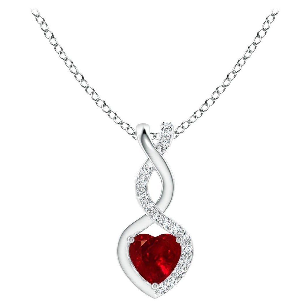 ANGARA Natural Ruby Infinity Heart Pendant with Diamonds in Platinum (4mm Ruby) For Sale