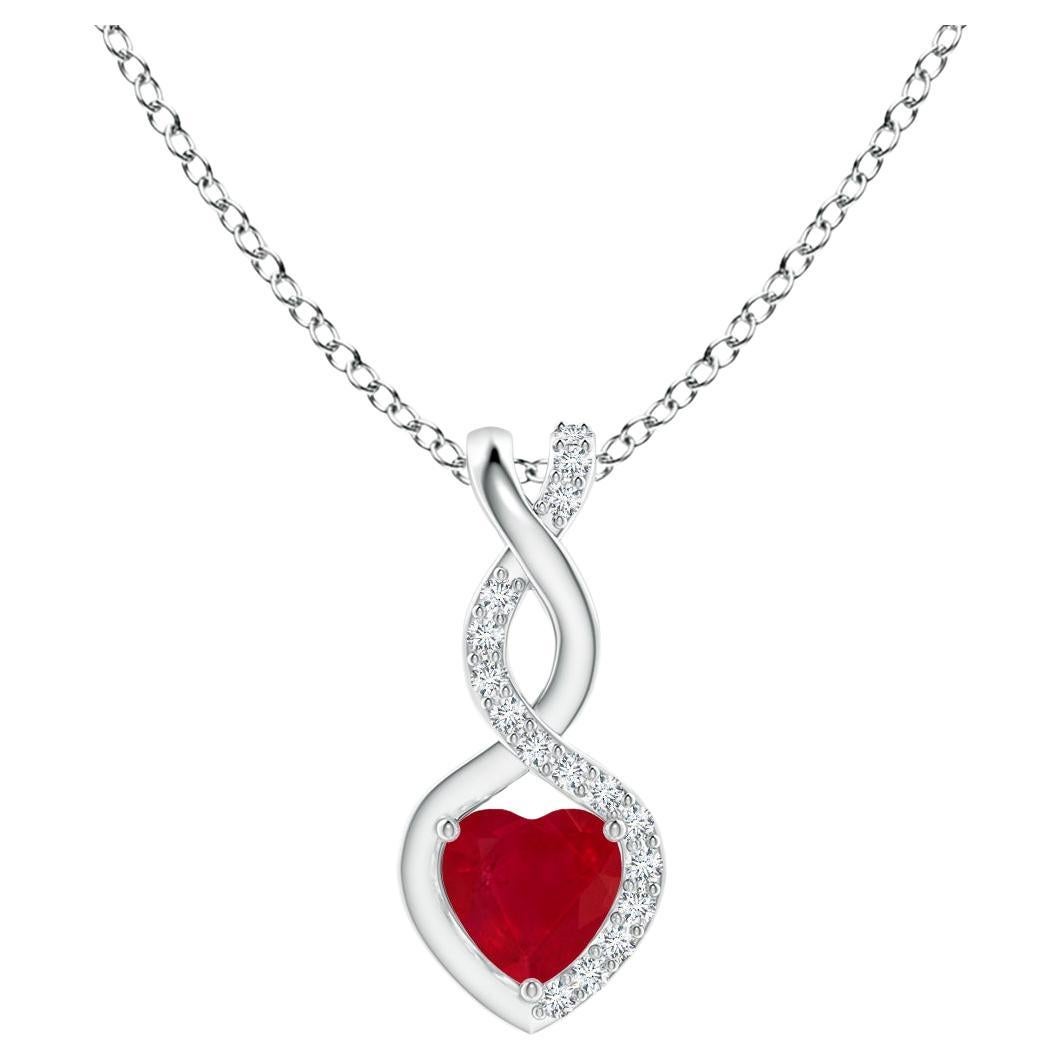 ANGARA Natural Ruby Infinity Heart Pendant with Diamonds in Platinum (4mm Ruby)  For Sale