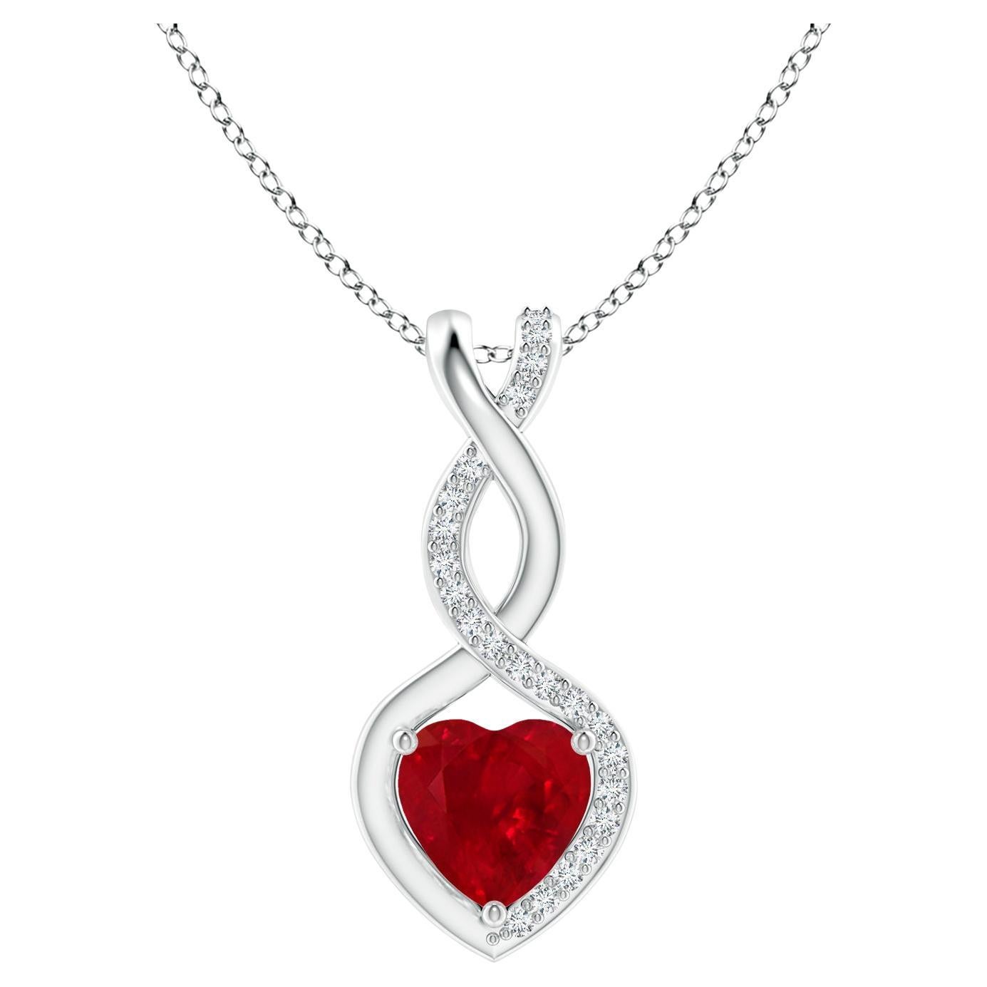 ANGARA Natural Ruby Infinity Heart Pendant with Diamonds in Platinum (6mm Ruby)  For Sale