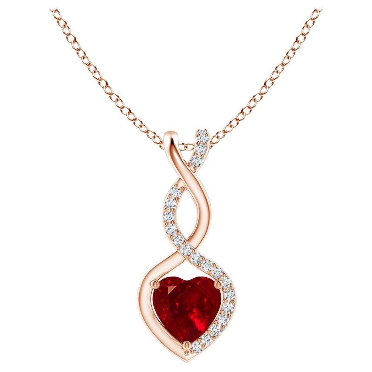 ANGARA Natural Ruby Infinity Heart Pendant with Diamonds in Rose Gold (5mm Ruby)