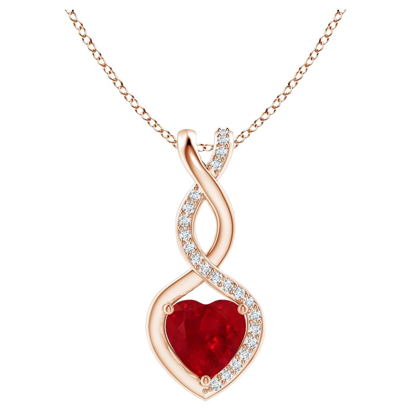 ANGARA Natural Ruby Infinity Heart Pendant with Diamonds in Rose Gold (6mm Ruby) For Sale