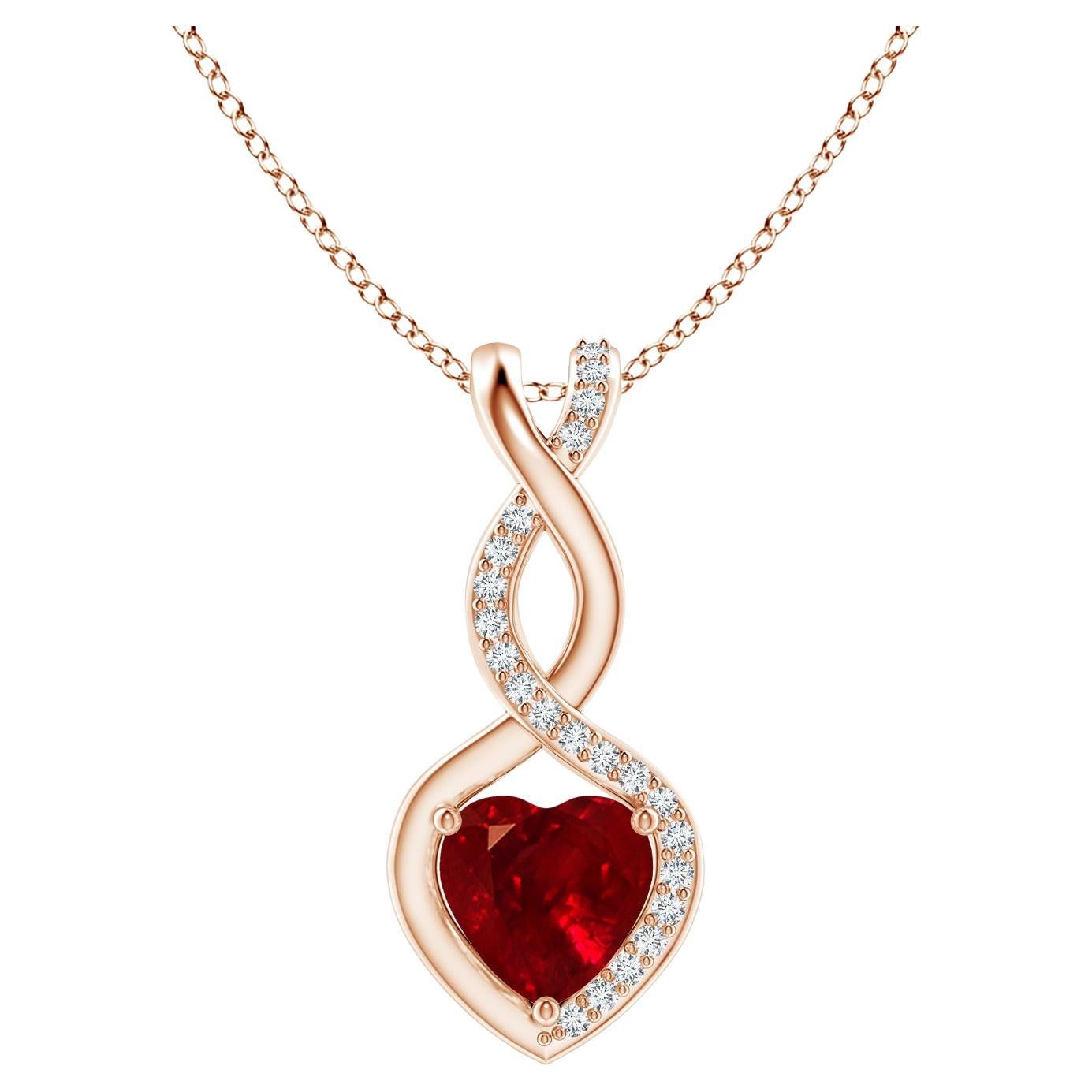 ANGARA Pendentif cœur infini en rubis naturel avec diamants en or rose (6 mm rubis) en vente
