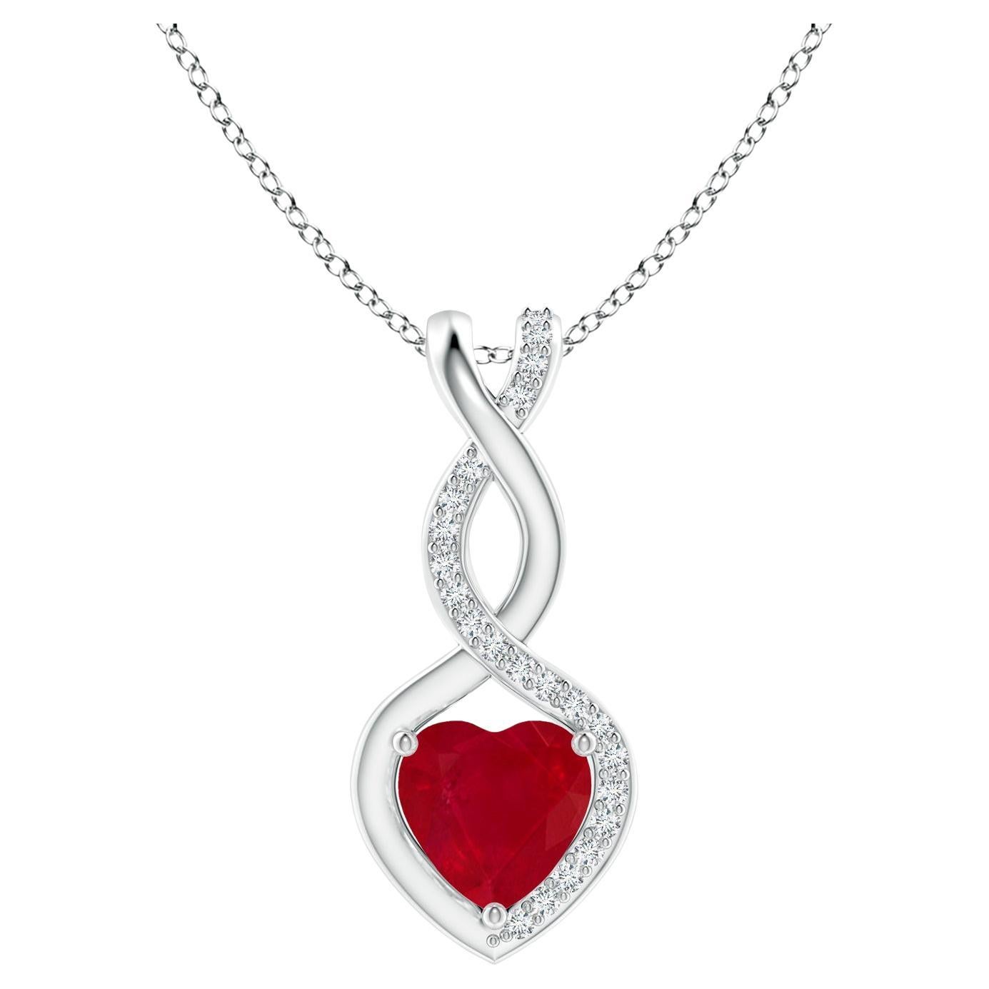 ANGARA Natural Ruby Infinity Heart Pendant with Diamonds in White Gold(6mm Ruby) For Sale