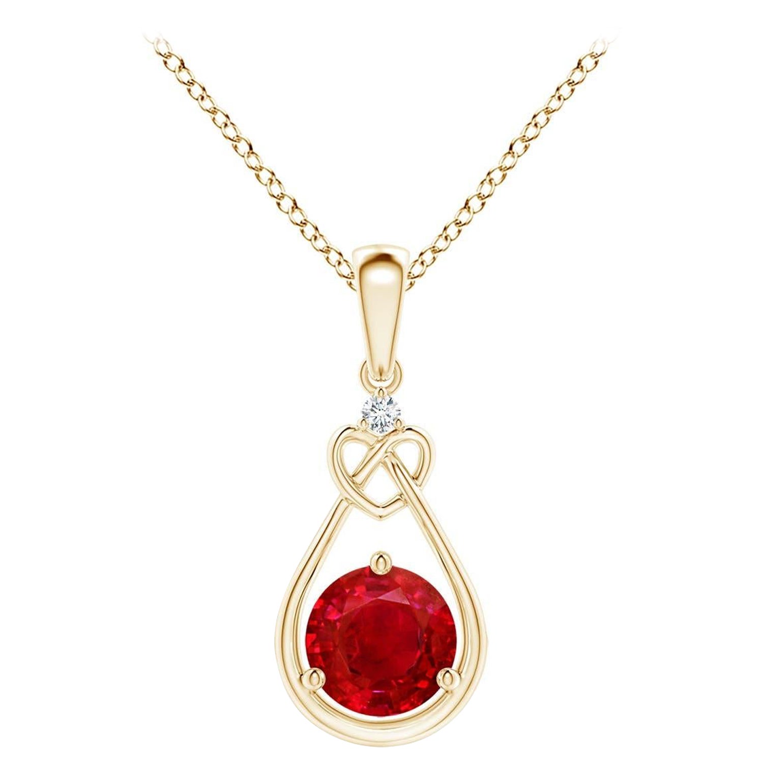 Angara Natural Ruby Knotted Heart Pendant with Diamond in 14K Solid Gold For Sale