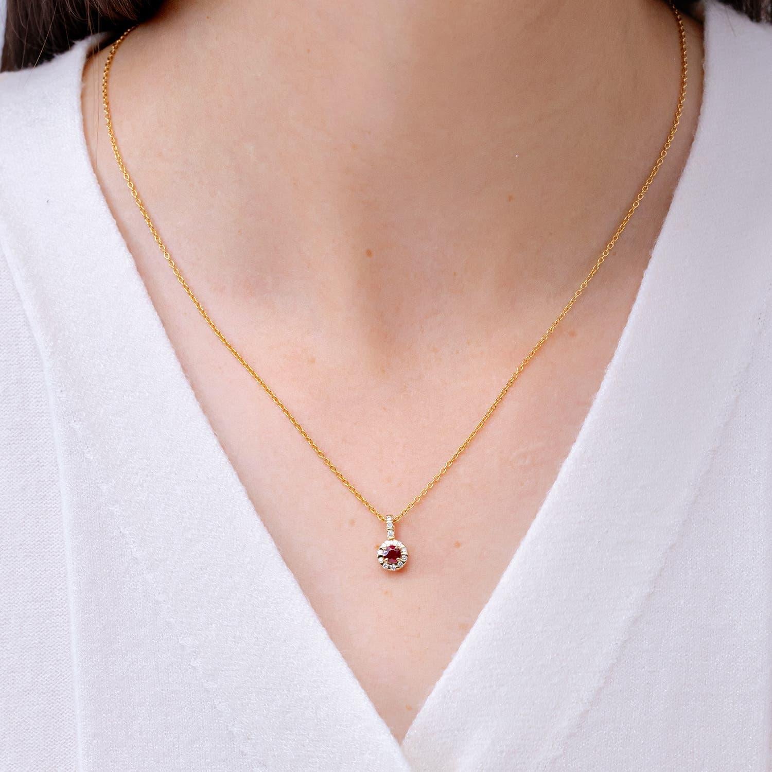 Modern Angara Natural Ruby Pendant with Bar-Set Diamond Halo in 14K Solid Gold For Sale