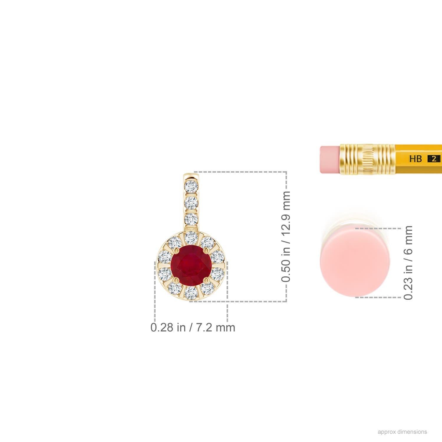 Round Cut Angara Natural Ruby Pendant with Bar-Set Diamond Halo in 14K Solid Gold For Sale
