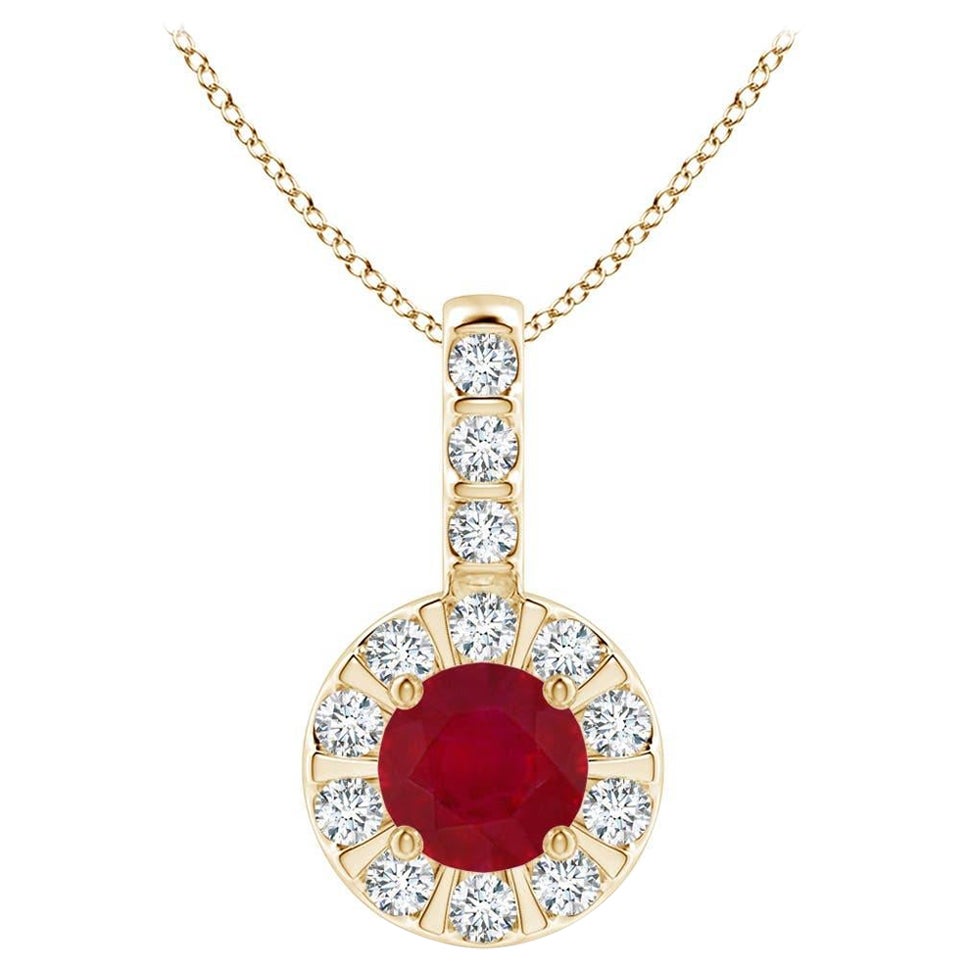 Angara Natural Ruby Pendant with Bar-Set Diamond Halo in 14K Solid Gold