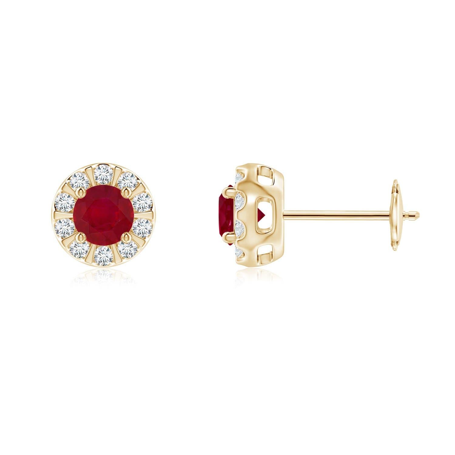 Angara Natural Ruby Stud Earrings with Bar-Set Diamond Halo in 14K Solid Gold In condizioni Nuovo in vendita a Los Angeles, CA
