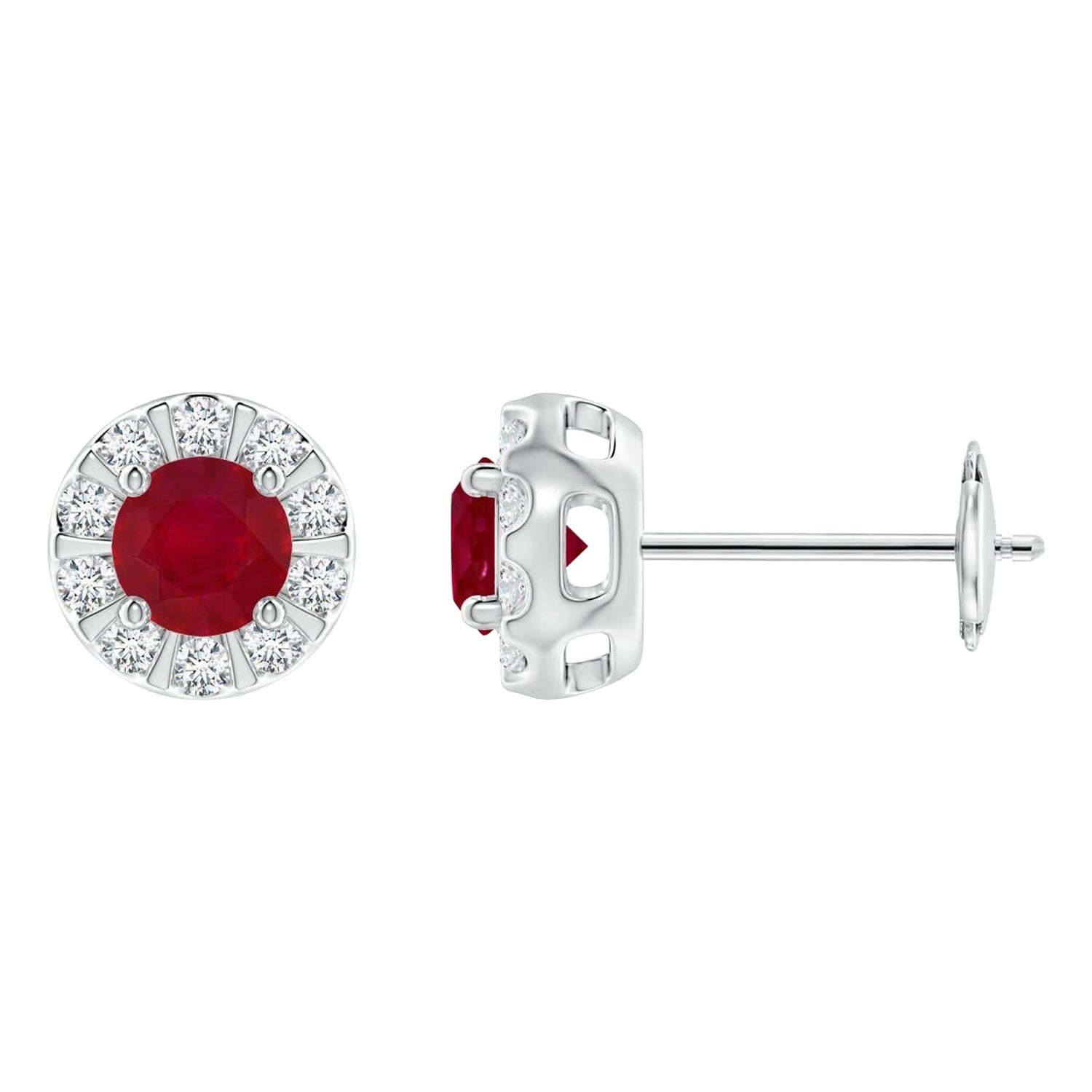 Angara Natural Ruby Stud Earrings with Bar-Set Diamond Halo in 14K Solid Gold
