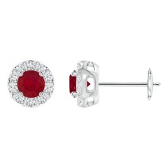 Angara Natural Ruby Stud Earrings with Bar-Set Diamond Halo in 14K Solid Gold