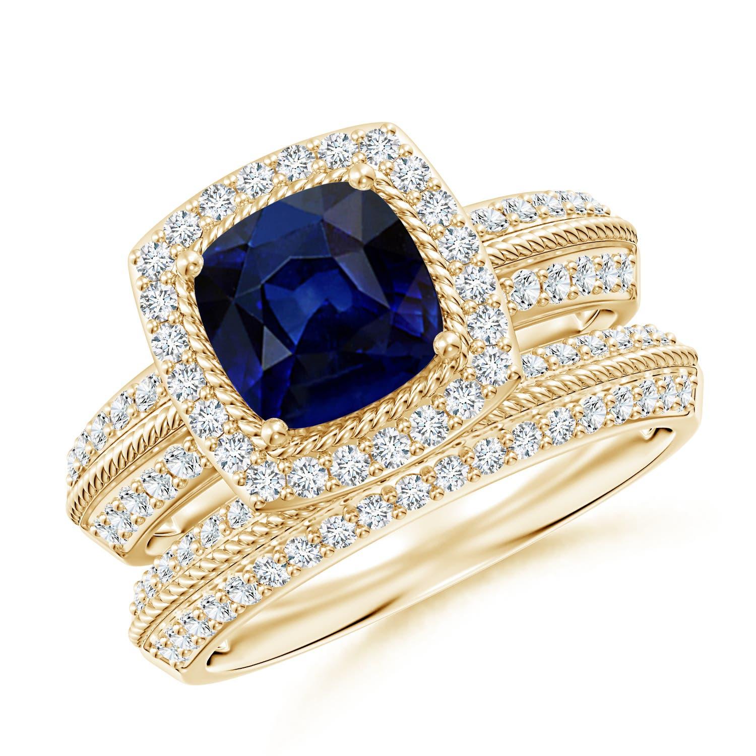 Angara natürlichen Saphir und Diamant Vintage-Stil Braut-Set in 14K massivem Gold im Angebot 3