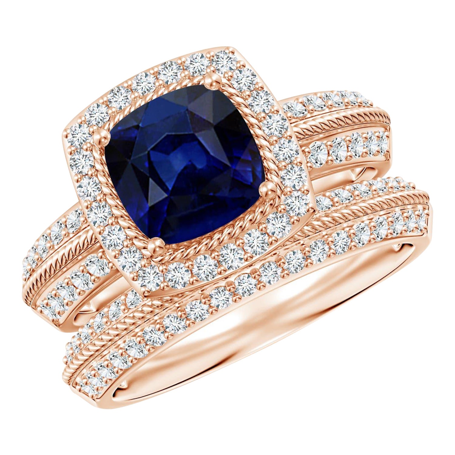 Angara natürlichen Saphir und Diamant Vintage-Stil Braut-Set in 14K massivem Gold im Angebot