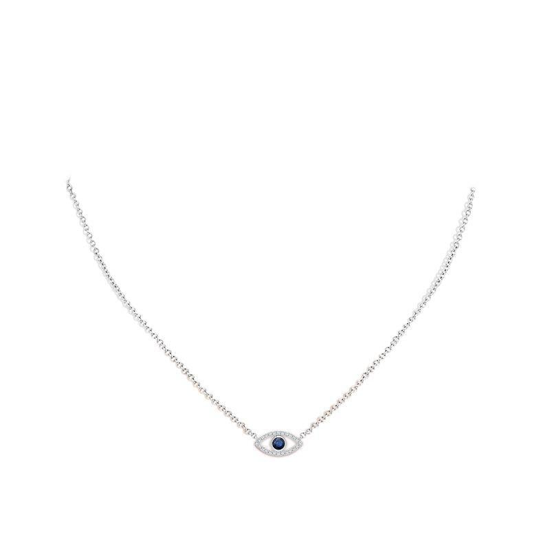 Natural Sapphire Evil Eye Pendant with Diamond in 14K White Gold 2.5mm In New Condition For Sale In Los Angeles, CA