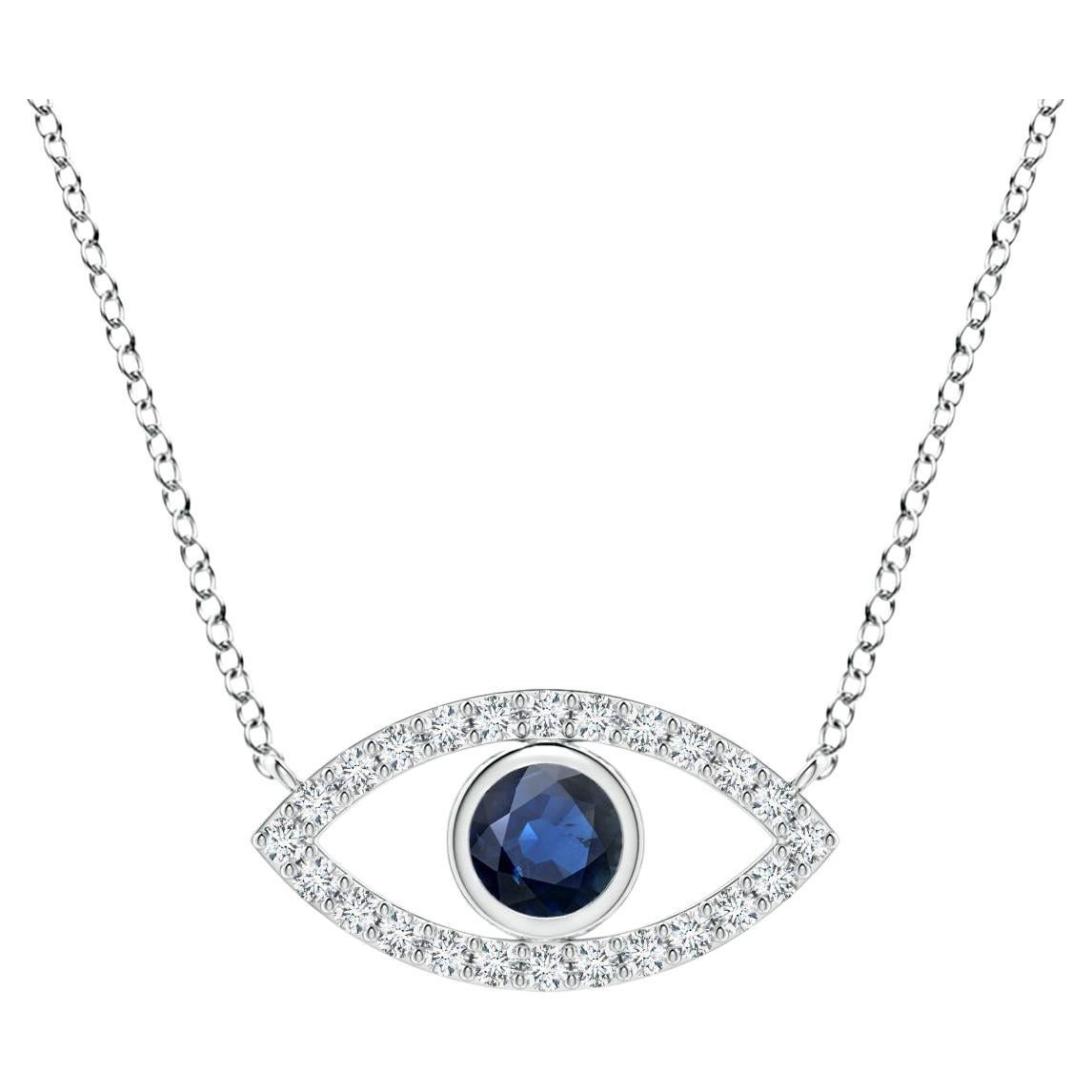 Natural Sapphire Evil Eye Pendant with Diamond in 14K White Gold 3.5mm For Sale