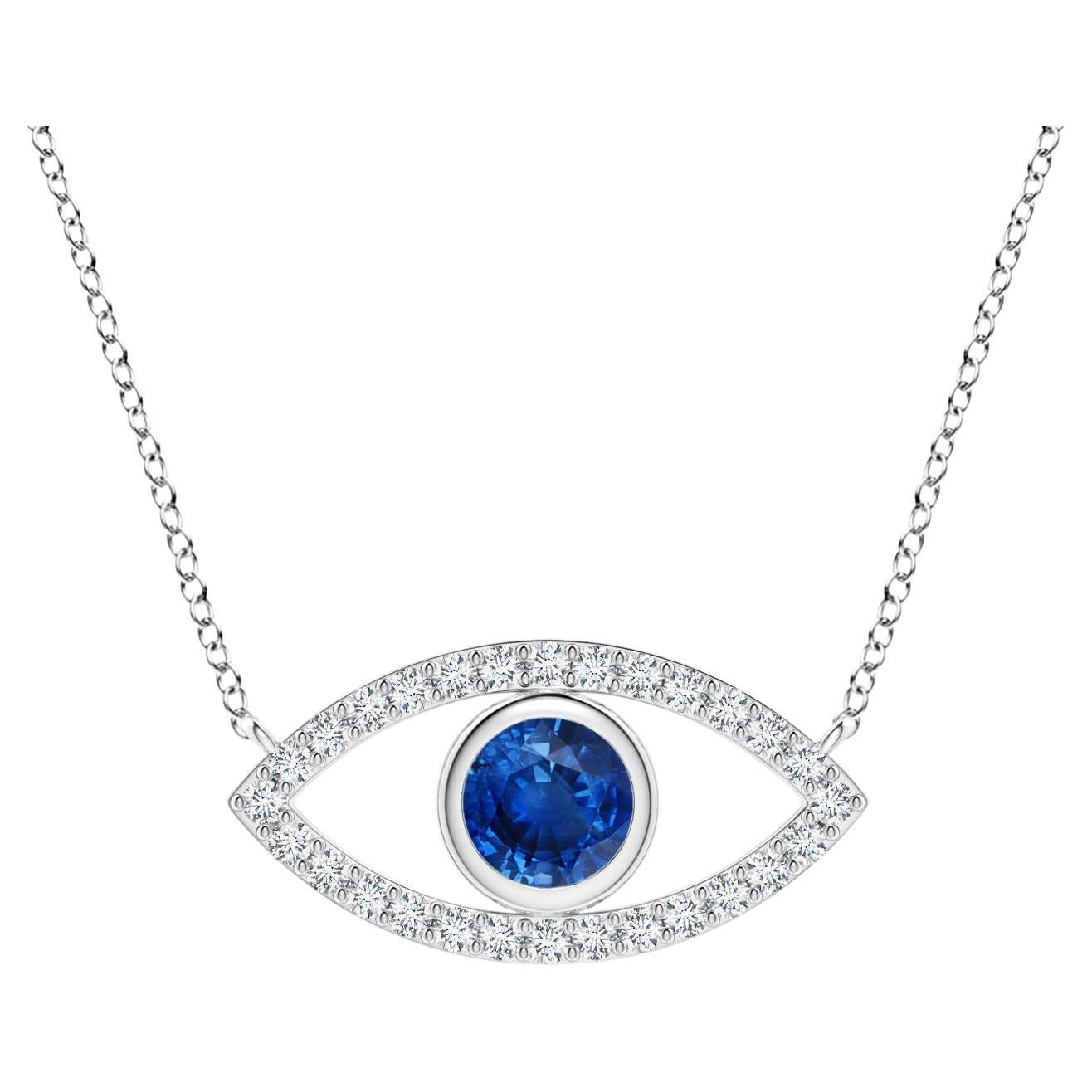 Natural Sapphire Evil Eye Pendant with Diamond in 14K White Gold 4.5mm For Sale