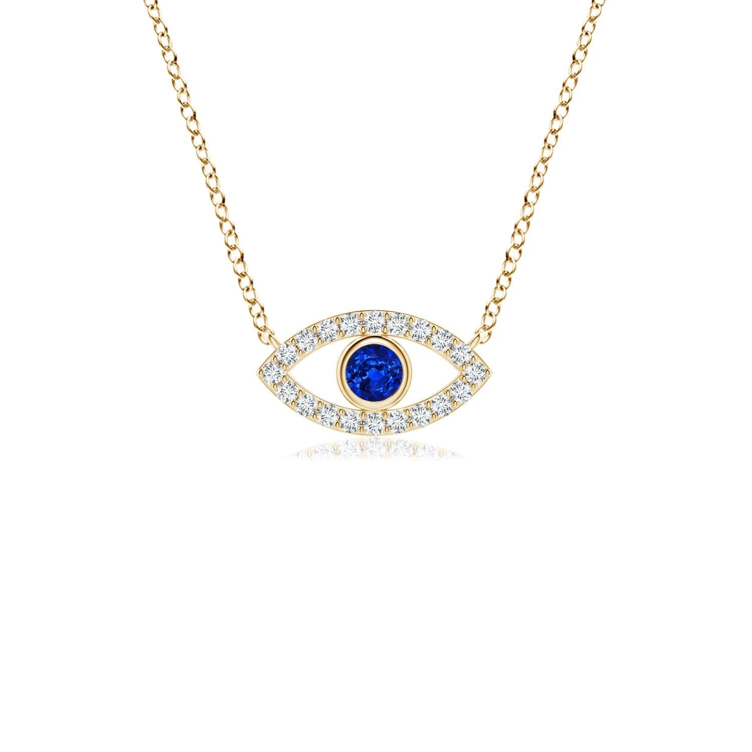 Natural Sapphire Evil Eye Pendant with Diamond in 14K Yellow Gold 2.5mm For Sale