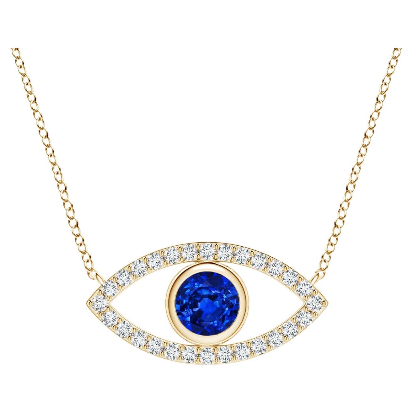 Pendentif Evil Eye en or jaune 14 carats avec saphir naturel et diamants de 4,5 mm