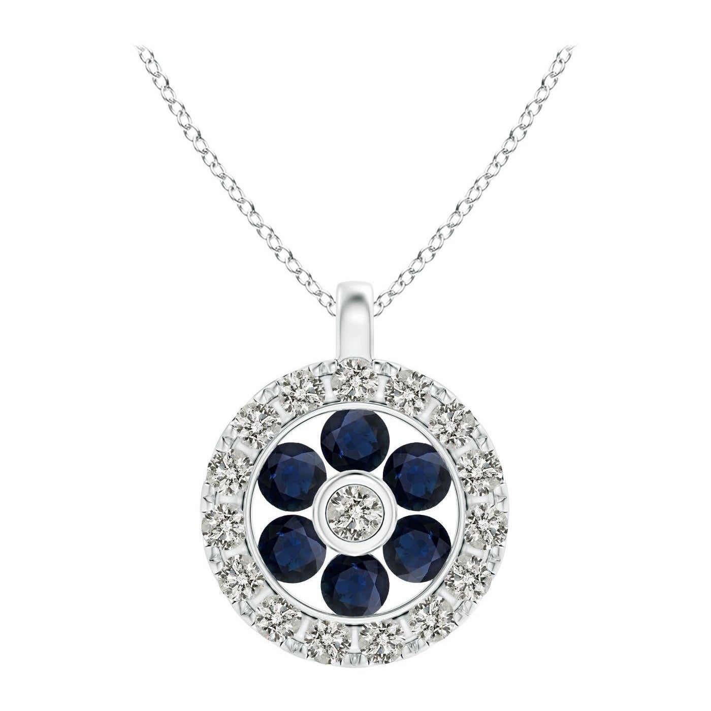Pendentif fleur en saphir naturel Angara avec halo en diamant en or blanc 14K