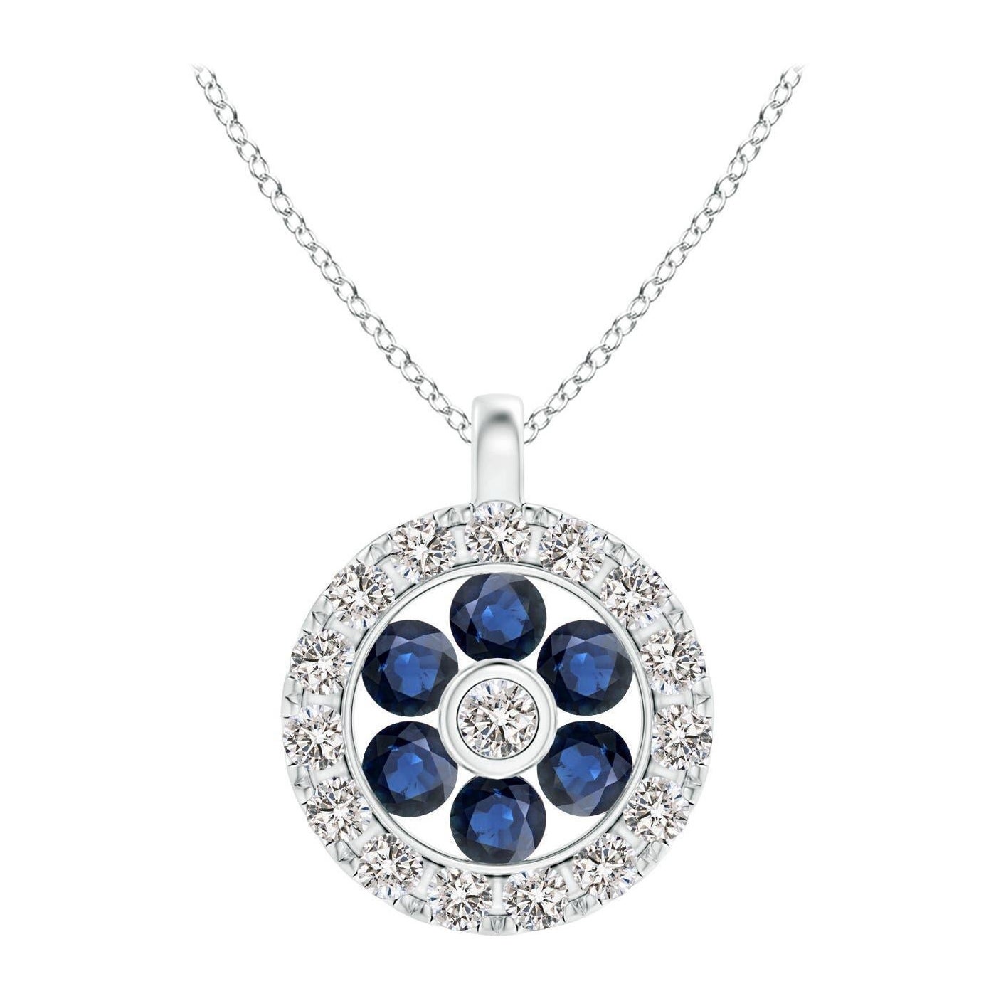 Pendentif fleur en saphir naturel Angara avec halo en diamant en or blanc 14K
