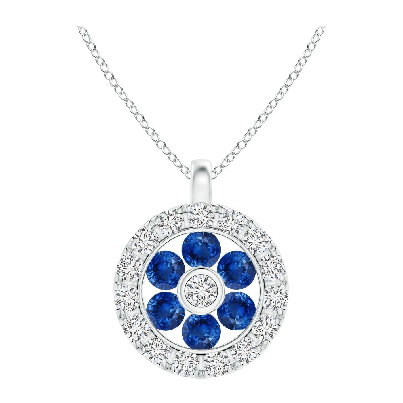 Pendentif fleur en saphir naturel Angara avec halo en diamant en or blanc 14K en vente
