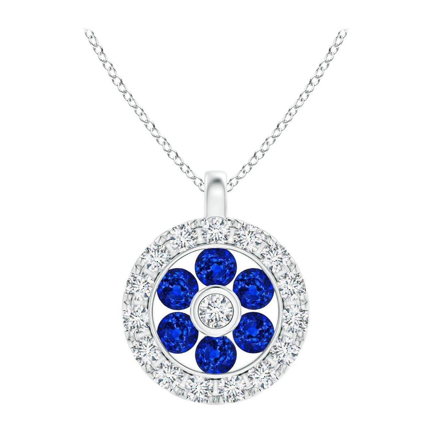 Pendentif fleur en saphir naturel Angara avec halo en diamant en or blanc 14K