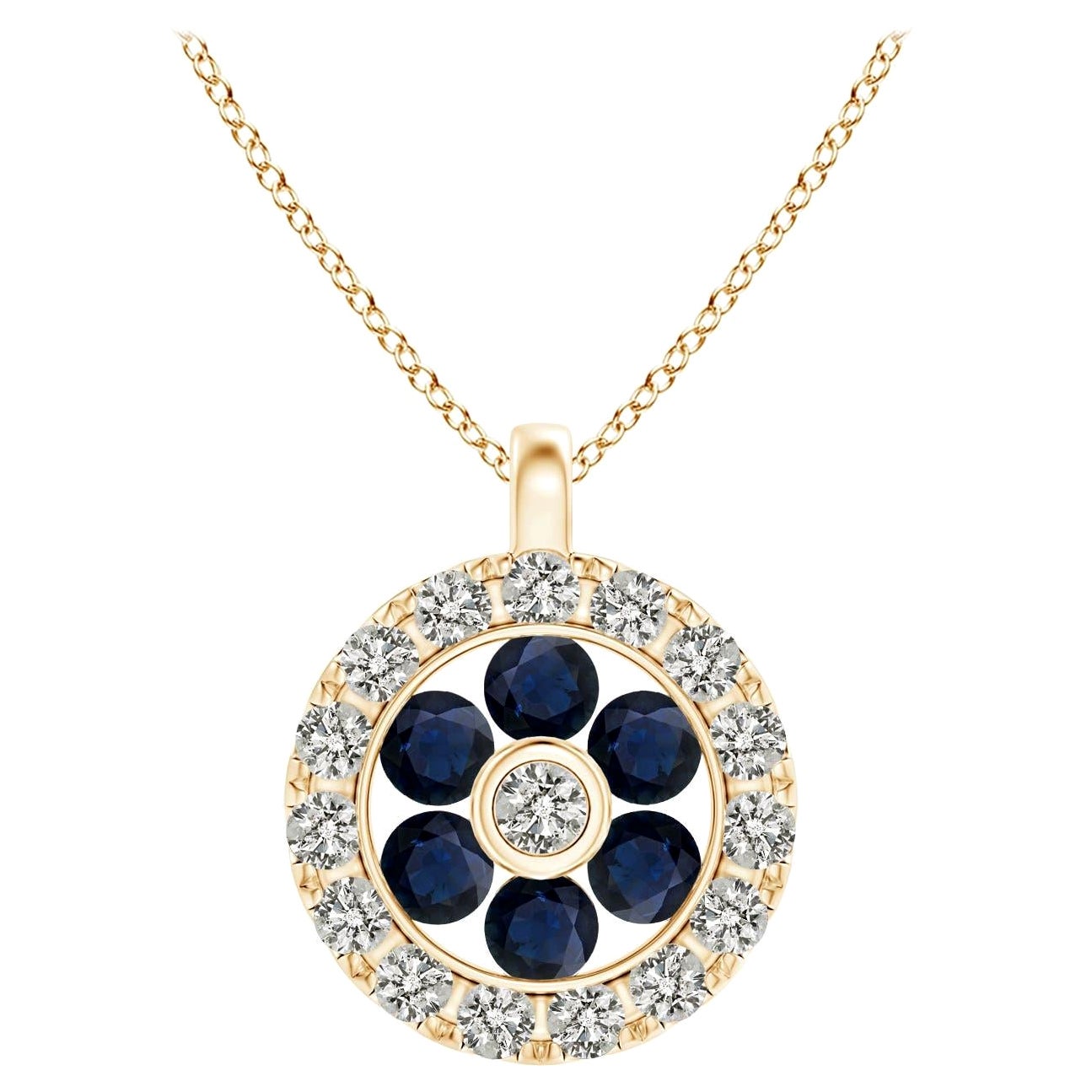 Pendentif fleur en saphir naturel Angara avec halo en diamant en or jaune 14K