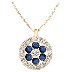 Pendentif fleur en saphir naturel Angara avec halo en diamant en or jaune 14K