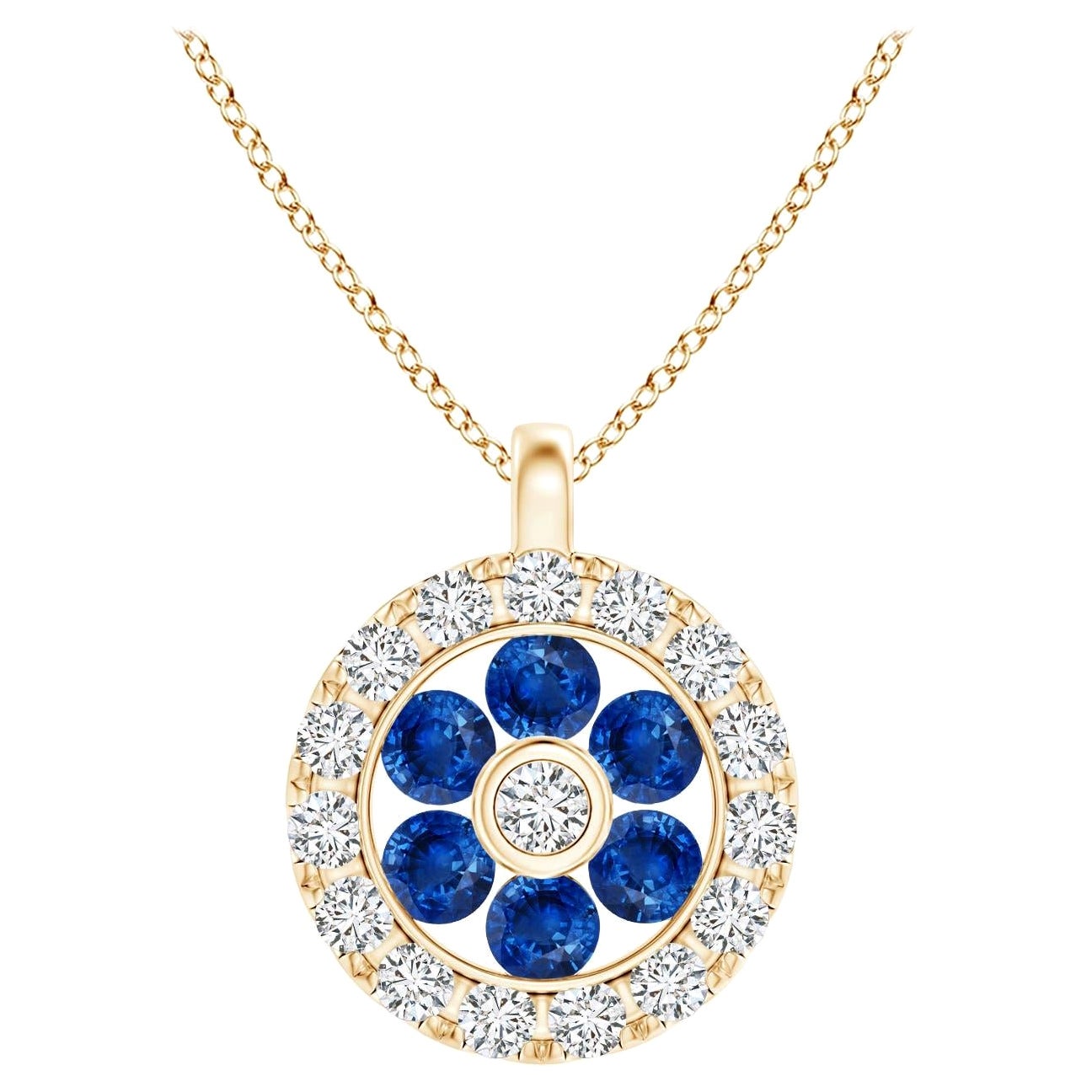 Pendentif fleur en saphir naturel Angara avec halo en diamant en or jaune 14K