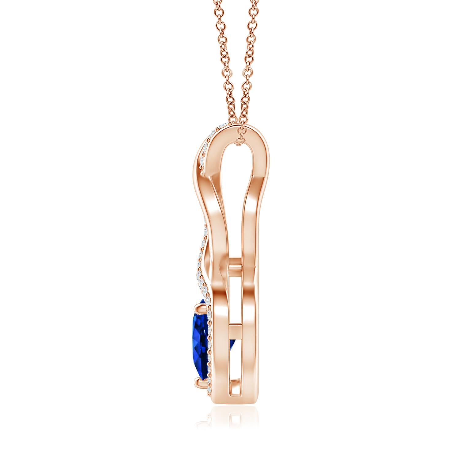 A diamond studded strip entwines with a lustrous metal strip to form an ornate infinity. Floating amid the graceful infinity is a beautiful heart-shaped blue sapphire in a prong setting. The sparkling diamonds infuse a captivating edge to this 14k