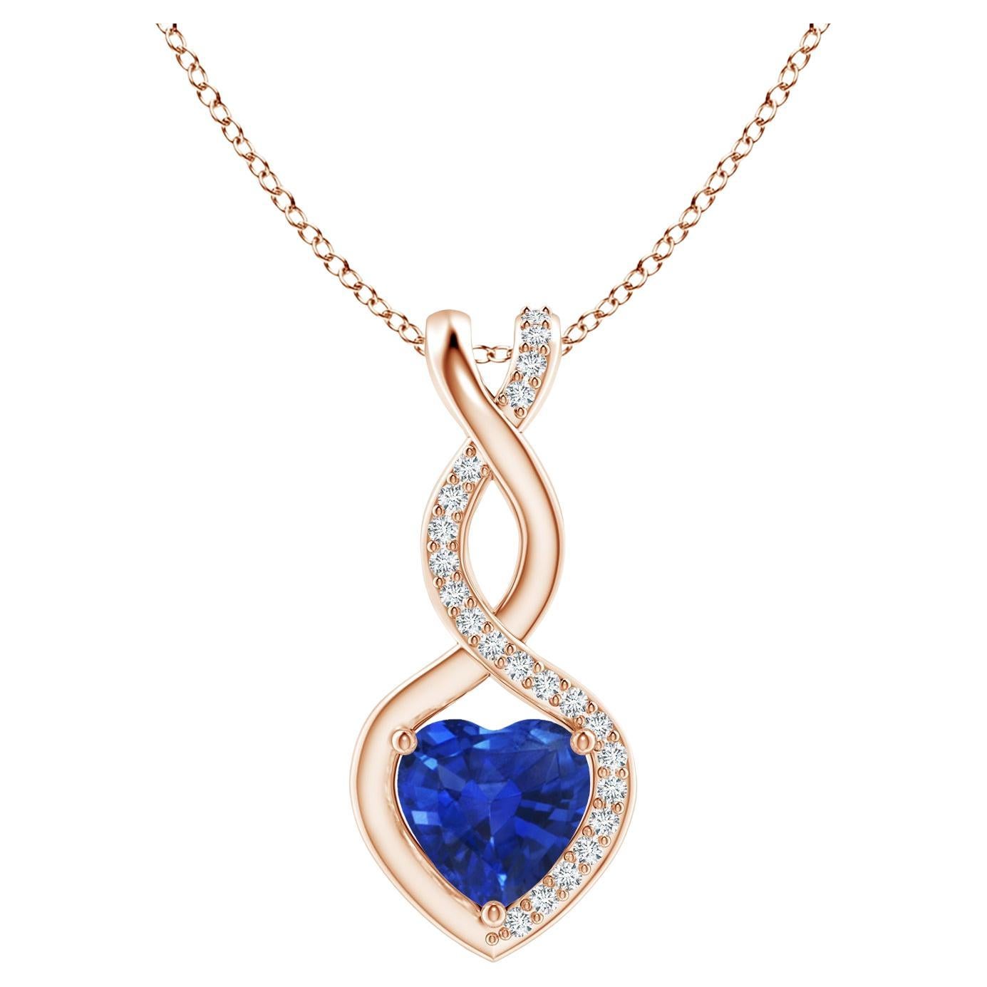 Natural Sapphire Infinity Heart Pendant with Diamonds in Rose Gold 6mm For Sale