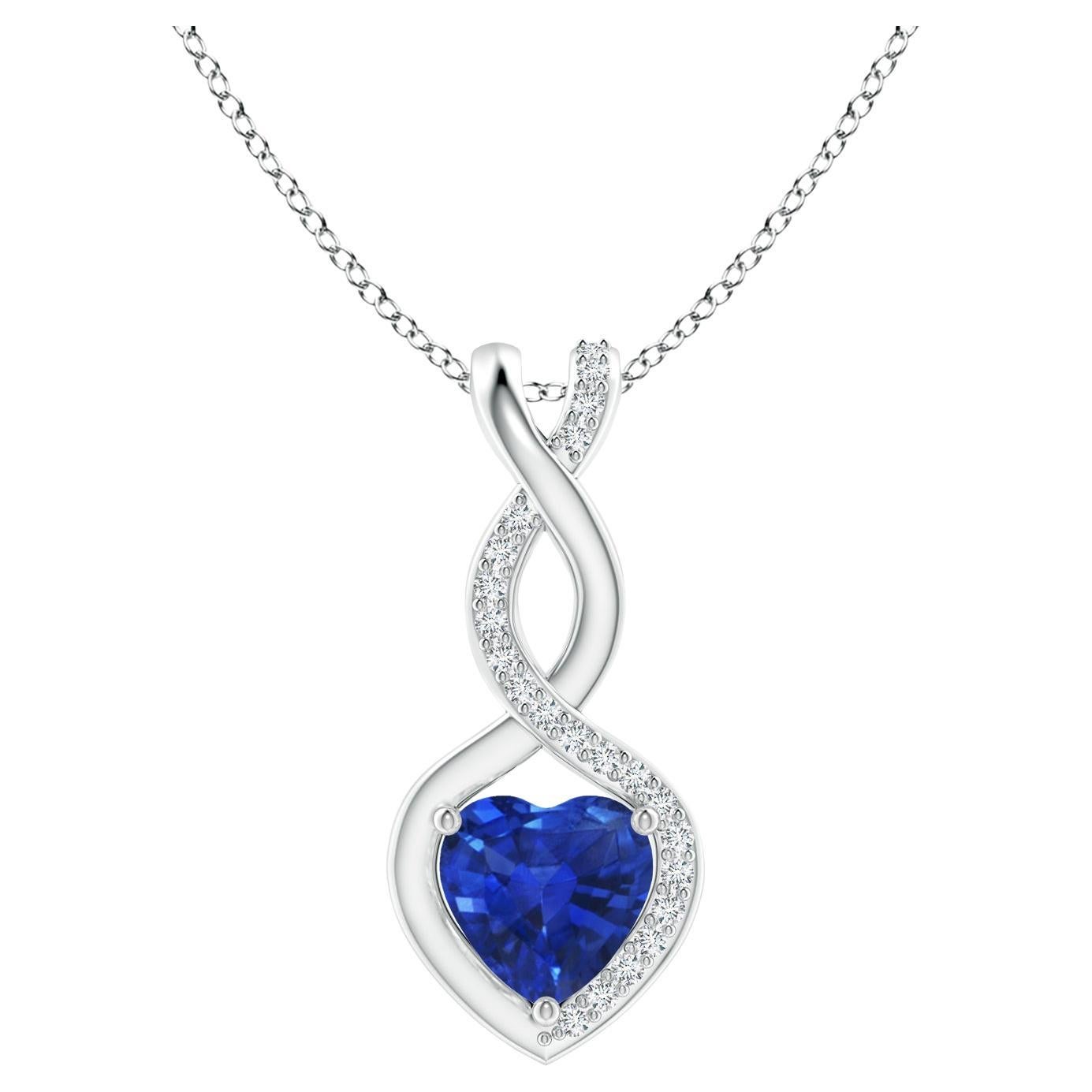 Natural Sapphire Infinity Heart Pendant with Diamonds in White Gold 6mm For Sale
