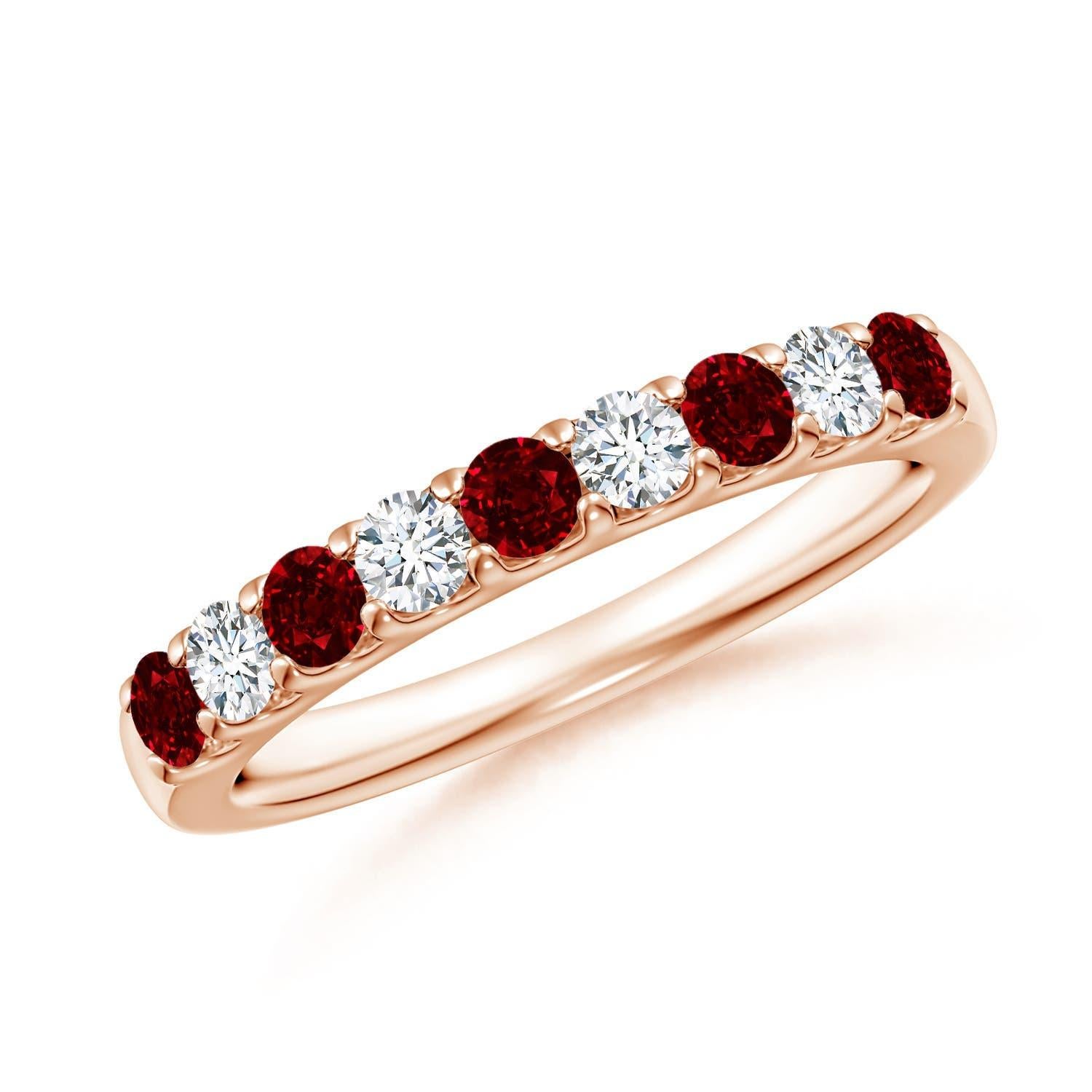 Angara Natural Shared Prong Ruby and Diamond Half Eternity Ring 14K Solid Gold For Sale 2