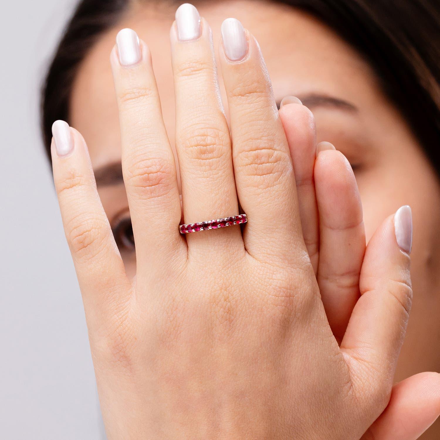 Modern Angara Natural Shared Prong Set Half Eternity Ruby Wedding Band 14K Solid Gold For Sale