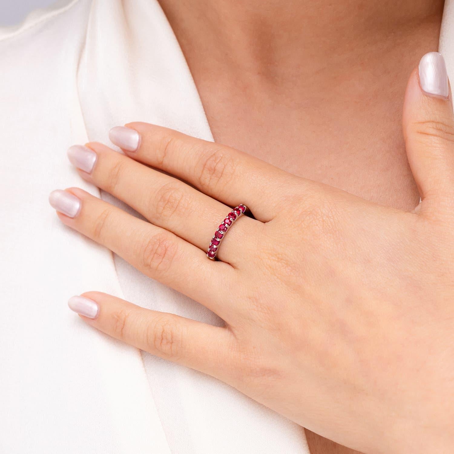 Round Cut Angara Natural Shared Prong Set Half Eternity Ruby Wedding Band 14K Solid Gold For Sale