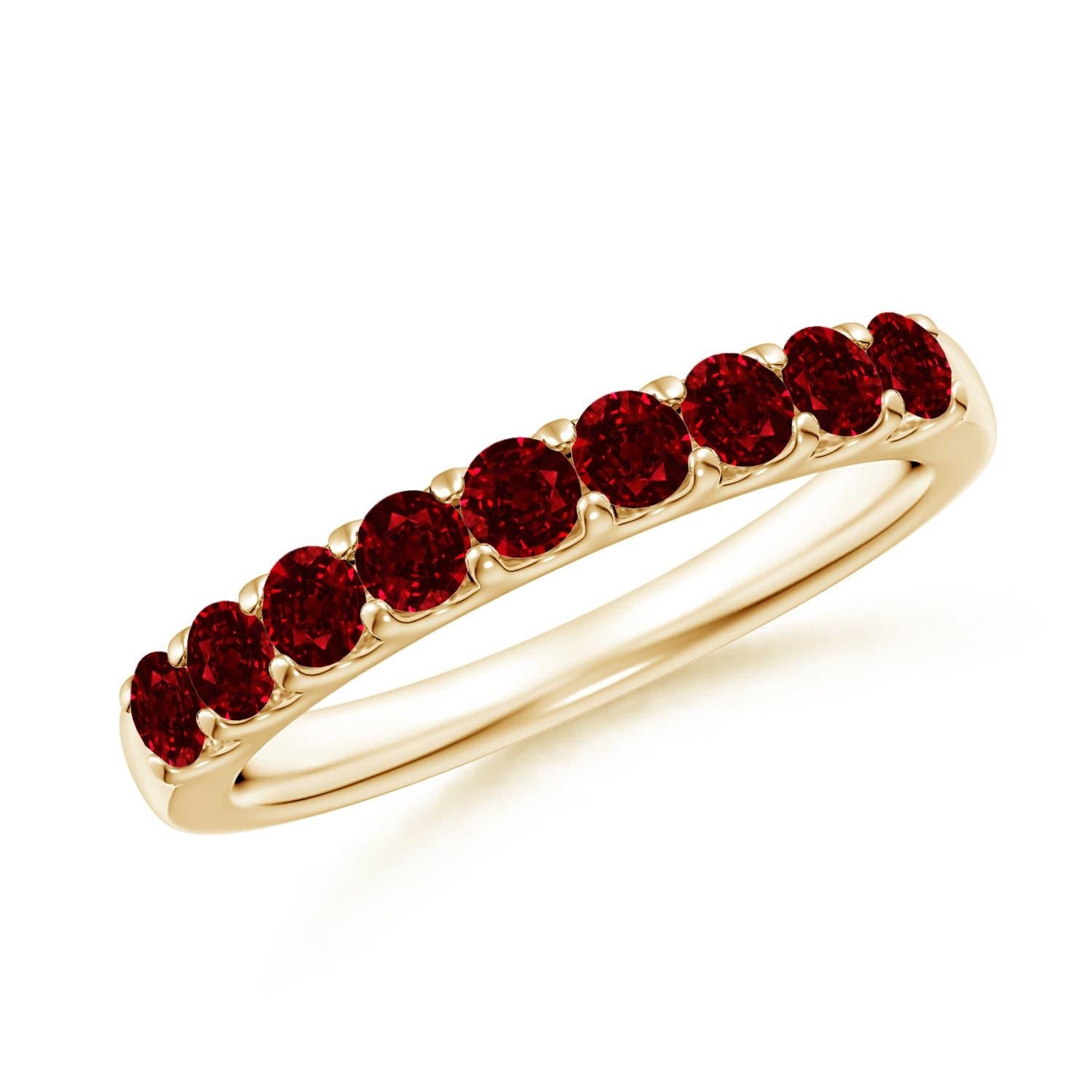 Angara Natural Shared Prong Set Half Eternity Ruby Wedding Band 14K Solid Gold For Sale 2