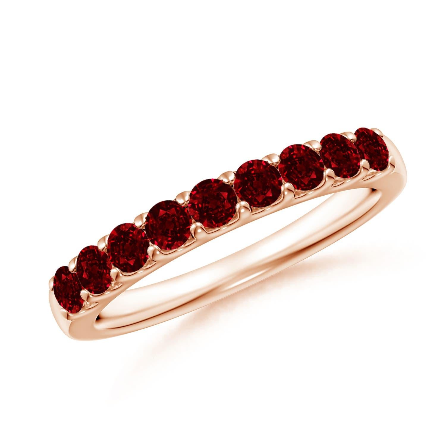 Angara Natural Shared Prong Set Half Eternity Ruby Wedding Band 14K Solid Gold For Sale 3