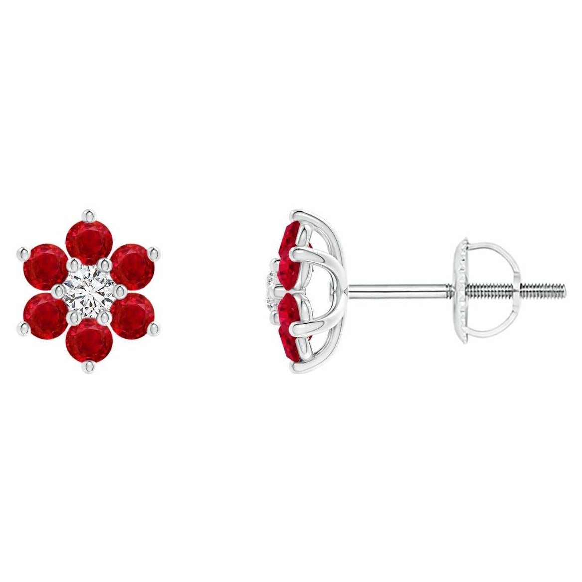 Angara Natural Six Petal Diamond and Ruby Flower Stud Earrings in 14K Solid Gold