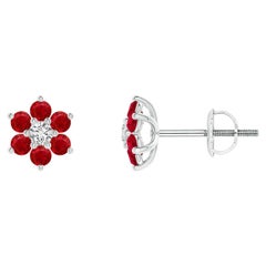Angara Natural Six Petal Diamond and Ruby Flower Stud Earrings in 14K Solid Gold