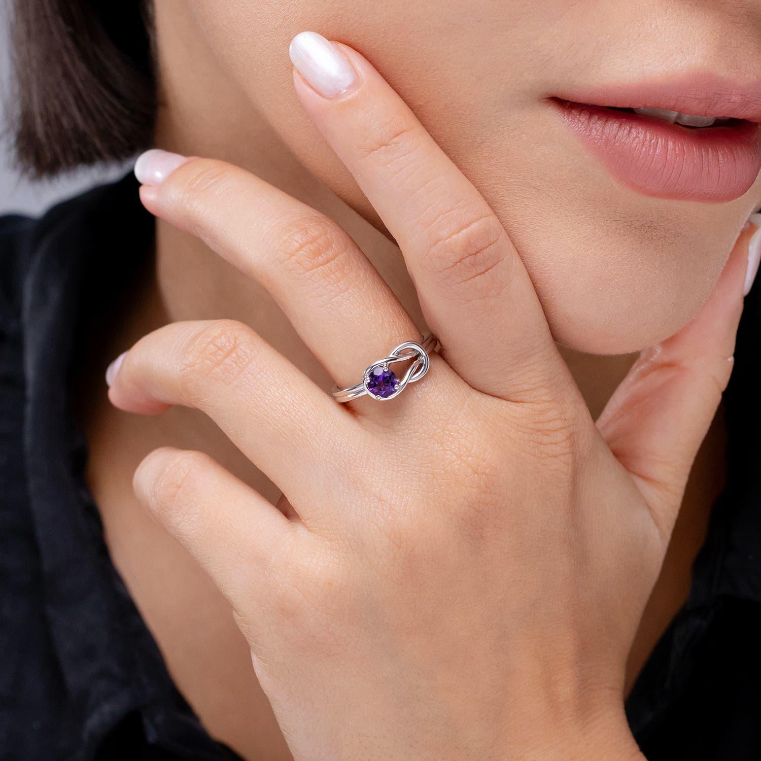 Taglio rotondo Anello Angara con solitario naturale di ametista e nodo infinito in oro massiccio 14K per donna in vendita