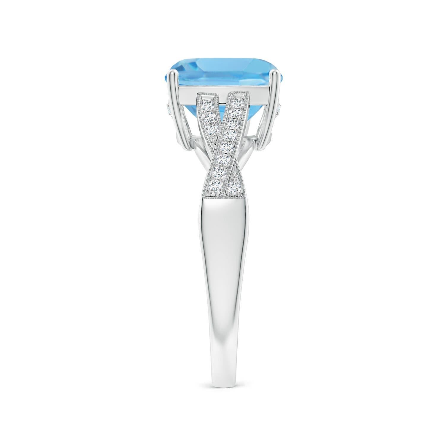 Cushion Cut Angara Natural Solitaire Cushion 3.3ct Swiss Blue Topaz Diamond Ring in 14 Gold For Sale
