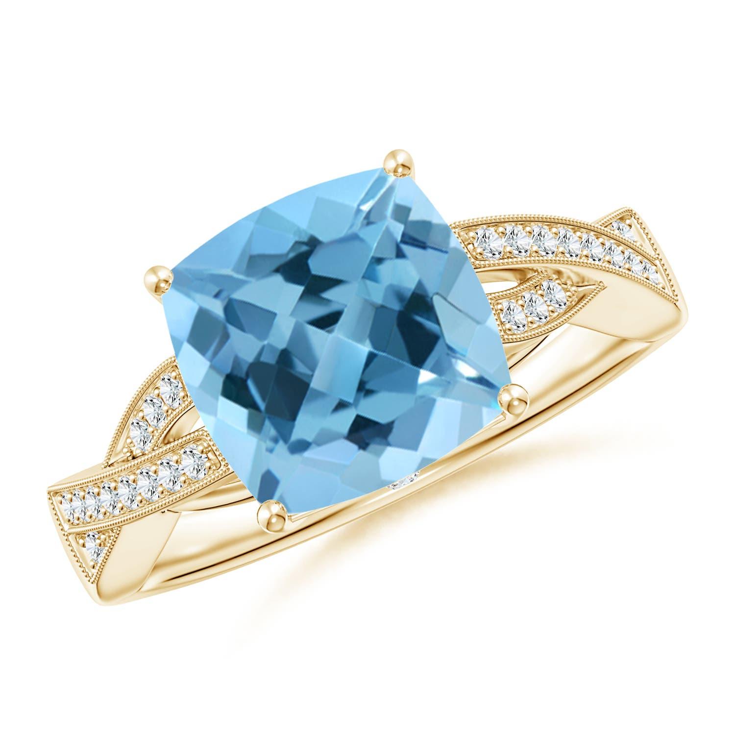 Women's Angara Natural Solitaire Cushion 3.3ct Swiss Blue Topaz Diamond Ring in 14 Gold For Sale