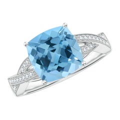 Angara Natural Solitaire Cushion 3.3ct Swiss Blue Topaz Diamond Ring in 14 Gold