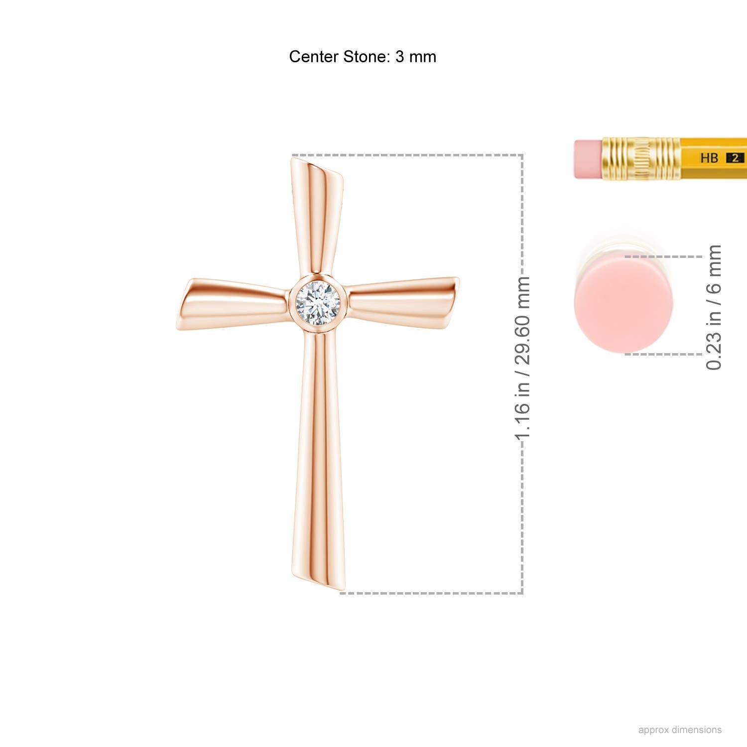 Dieser Diamant-Kreuzanhänger aus 14 Karat Roségold ist mit einem funkelnden Solitärdiamanten besetzt. Die Rillen strahlen einen reflektierenden Reiz aus, der die Brillanz des runden Diamanten ergänzt.
Der Diamant ist der Geburtsstein des Monats