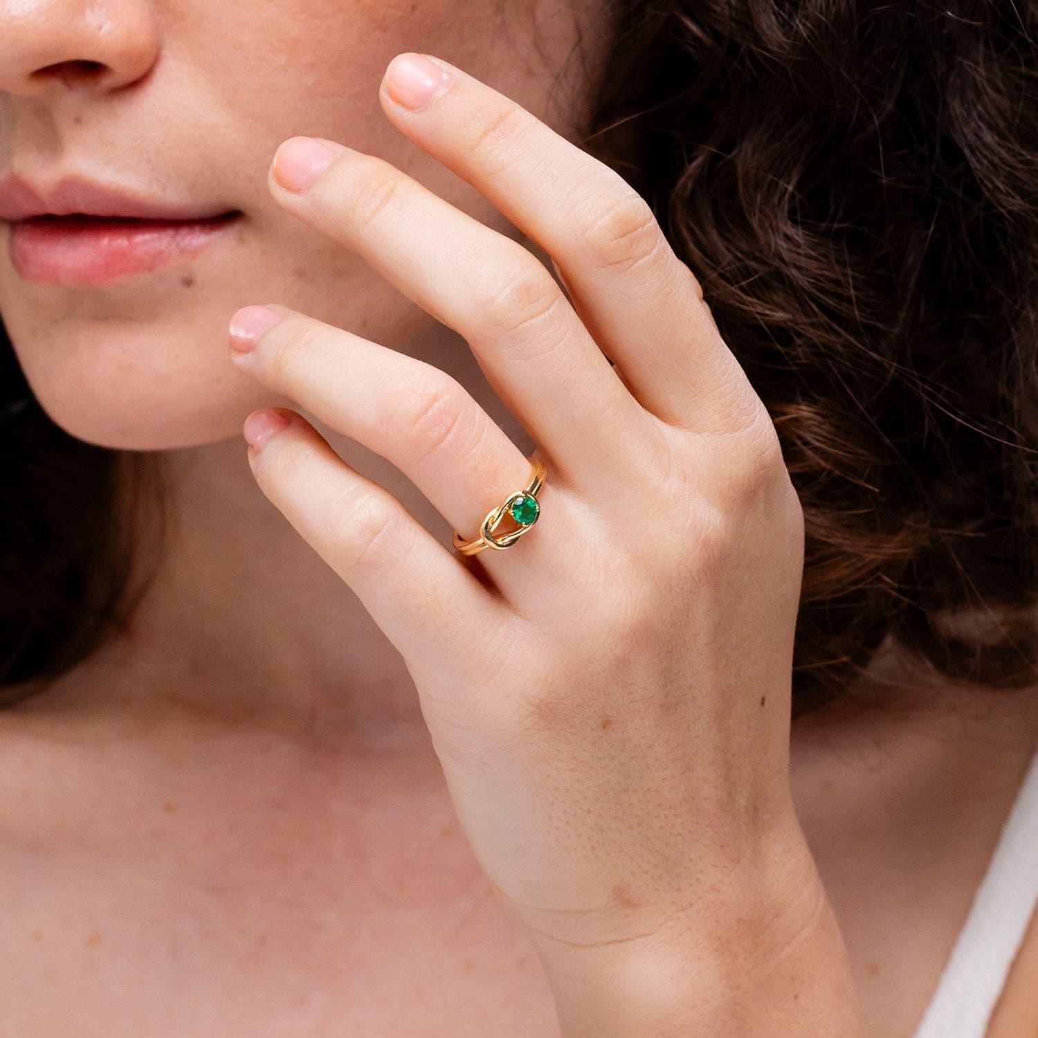 Round Cut Angara Natural Solitaire Emerald Infinity Knot Engagement Ring in 14K Solid Gold For Sale
