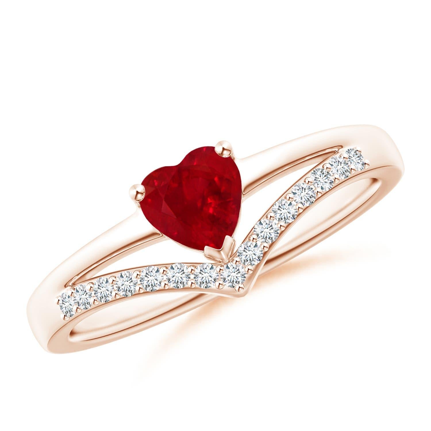 Anillo Angara de oro macizo de 14 quilates con diamantes y rubí solitario natural en forma de corazón en venta 1