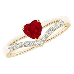 Angara Natural Solitaire Heart Ruby and Diamond Chevron Ring in 14K Solid Gold