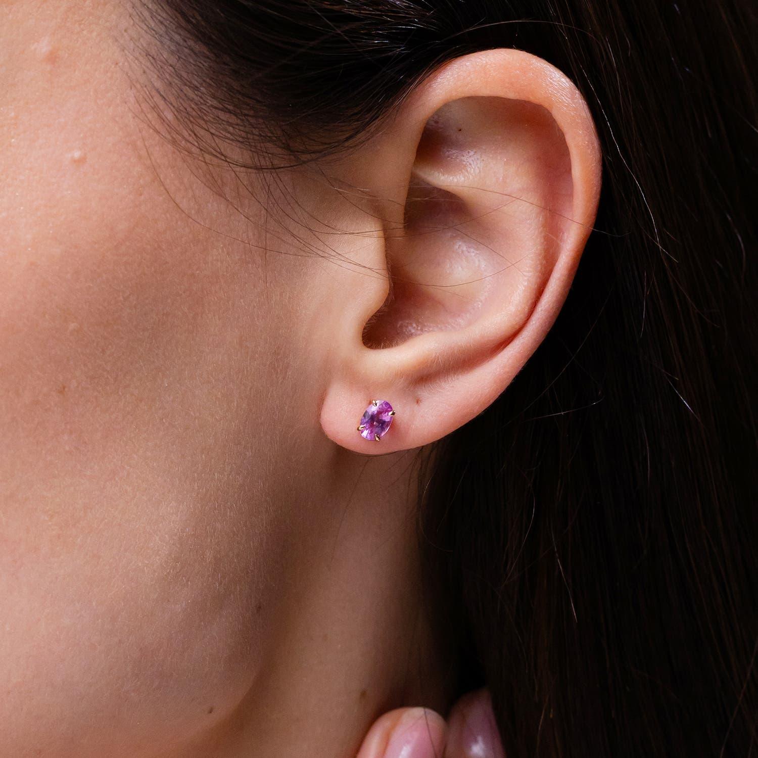 Modern Angara Natural Solitaire Oval 1.1 ct Pink Sapphire Stud Earrings in 14K Gold For Sale