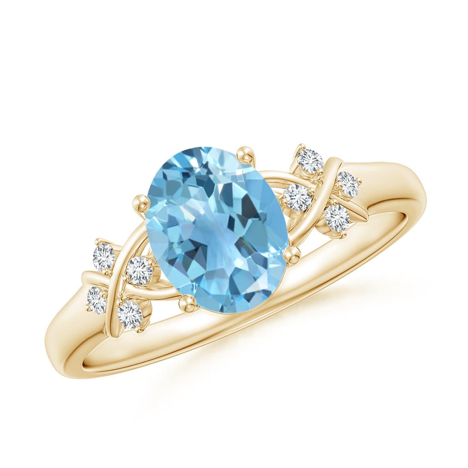 Anello Angara Natural Solitaire Oval 1.5 ct Swiss Blue Topaz & Diamond in oro 14K in vendita 2